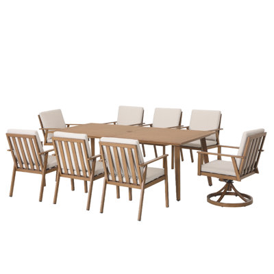 Ensemble de salle à manger en aluminium 9 pièces Seehill, 2 chaises pivotantes, 6 chaises rotatives et une table de 84,6 po avec trou pour parasol, meubles de patio élégants pour les espaces extérieurs, pelouse