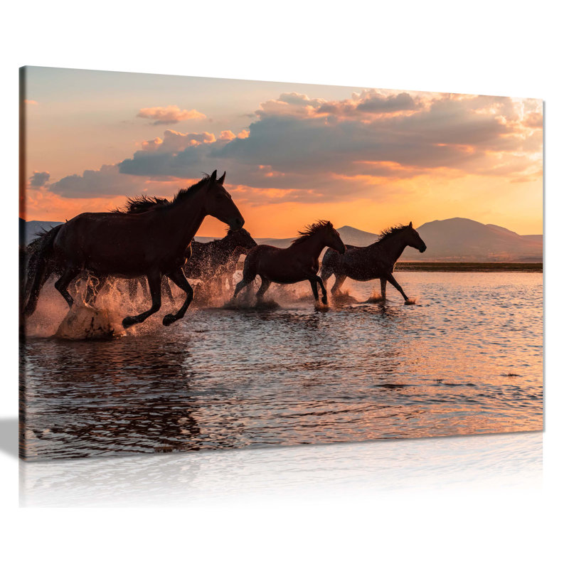 Wild Brown Horses Running In Water - Wrapped Canvas Print, 20cm H x 31cm W