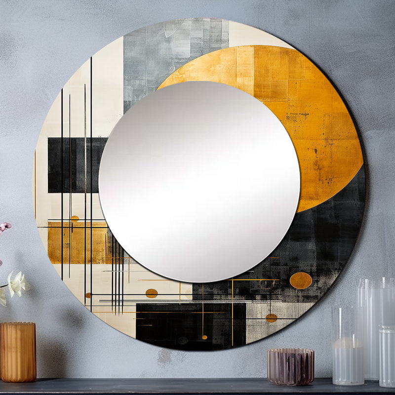 Cerulean Cubism Shapes II - miroir décoratif de formes abstraites, miroir mural rond doré, impression d'art en métal