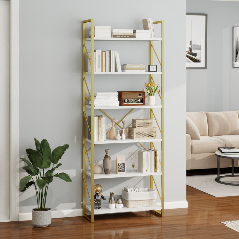 Axtell 69.6" Tall Bookshelf 6 Tier Bookcase, Modern Book Shelf Open Display Storage Rack Shelves, White/Gold