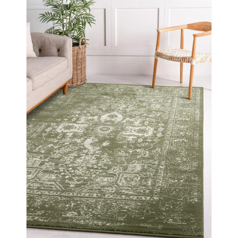Tapis traditionnel vert Manzelli, Rectangle 7 pi 9 po x 10 pi 6 po