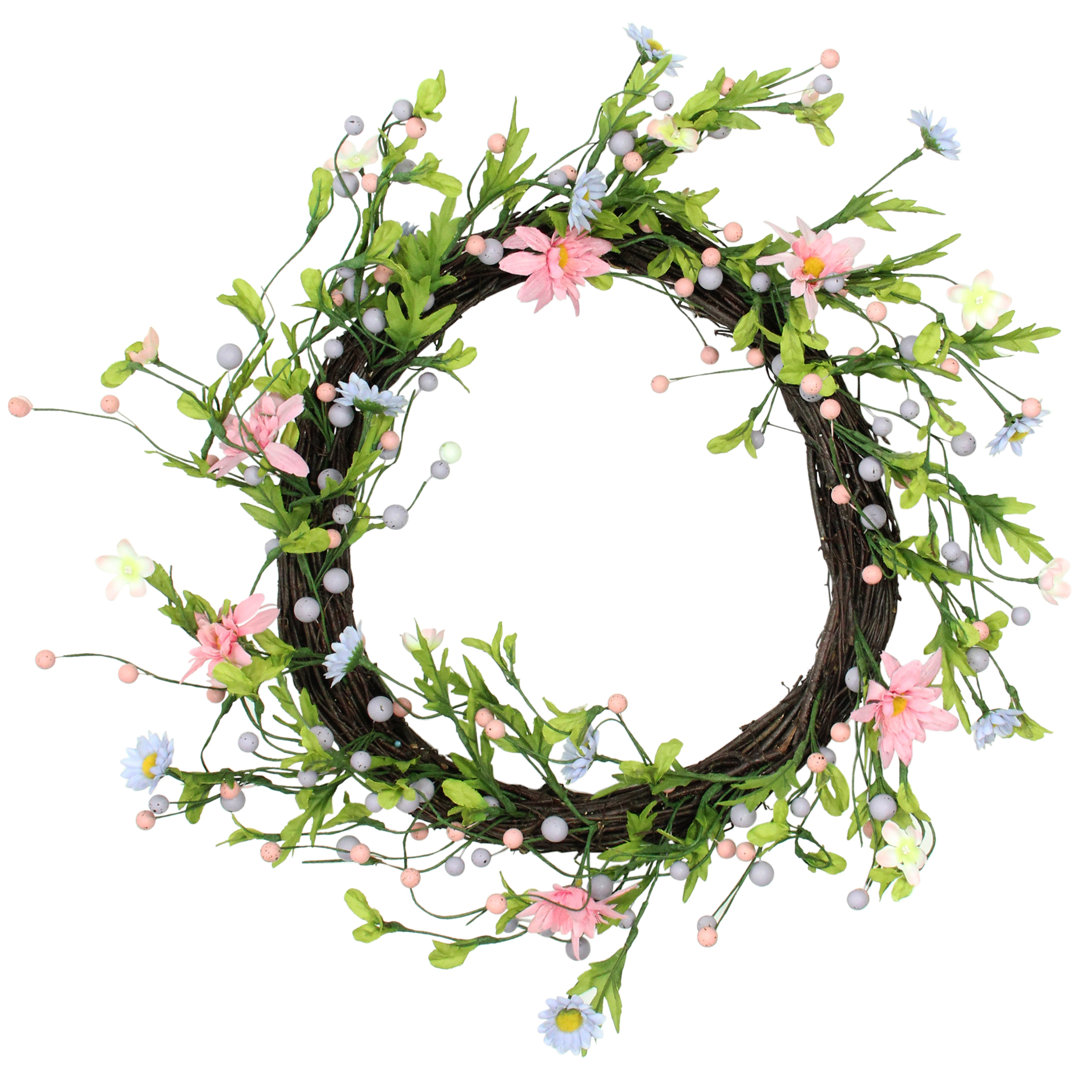 Daisy Twig Artificial Floral Wreath Green and Pink Northlight Seasonal 