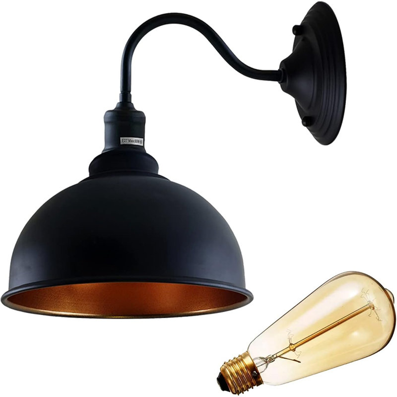Alrahman Vintage Industrial Armed Wall Sconce — Black Metal Finish with a Gold Inner Dome Shade and E27 Socket.