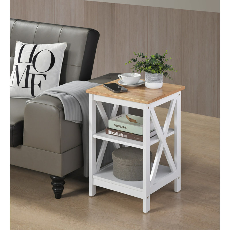 Table d'appoint Bella Vita avec tablettes ouvertes, Plateau naturel / structure blanche