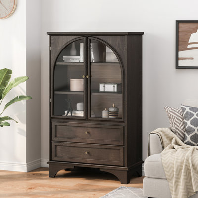 Armoire de rangement vitrée à porte en verre 52,17 "avec 2 tiroirs et tablette réglable, espace de rangement spacieux