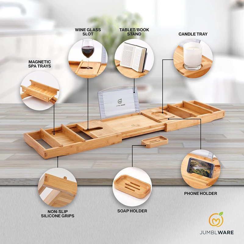 Bath Tub Tray Wood OHS Bath Trays For Across The Bath, Home Spa Bath Caddy Bamboo Bath Tray Wooden Bath Table Organiser Candles Wine Glass Books Shelf Over Bath For Accessories, White