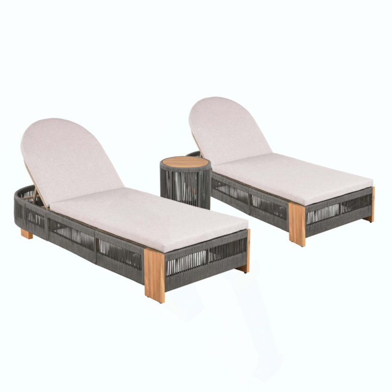 Outdoor Rope Chaise Lounge  Set , Patio Lounge Chairs, Outside Poolside Lounge Furniture Look Wood Side Table And Cushions, Chaise Lounge With Adjustable Backrest(Rope)