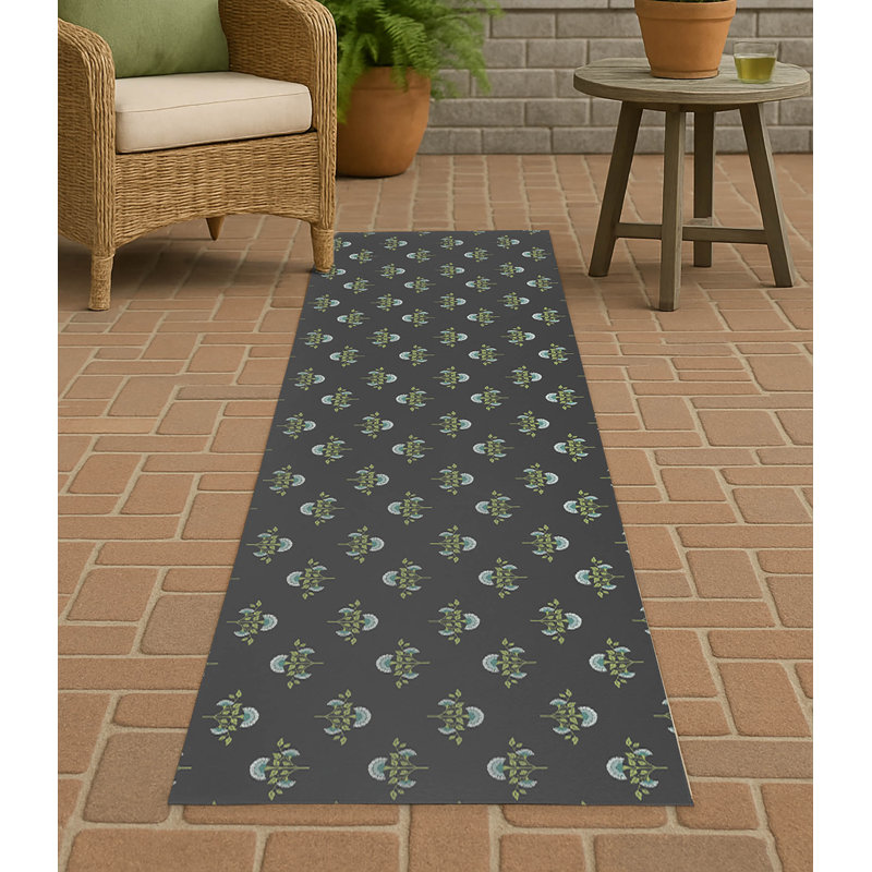 Flora Decorative Outdoor Rug, Charcoal, Runner 2'6" x 8'