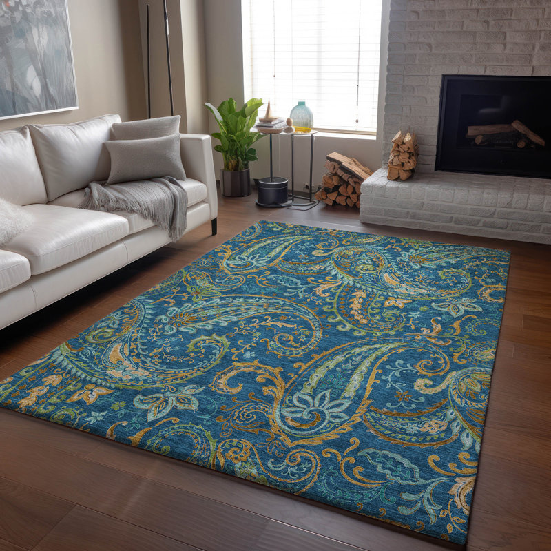 Tapis bleu marine Cerrito AMF533 lavable à la machine de qualité supérieure, Rectangle 9 pi x 12 pi