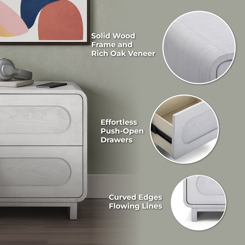 Push-to-Open 2-Drawer Nightstand with Solid Wood Frame for Modern Bedside Storage, White