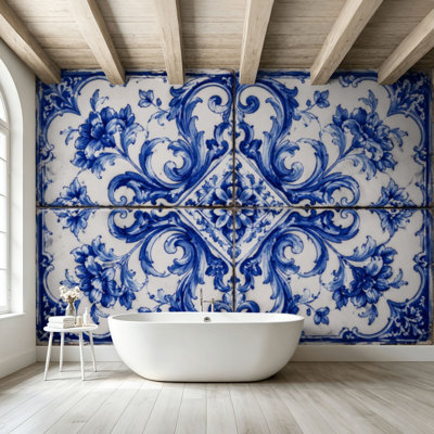 Peel and Stick Wallpaper Wall Mural Portuguese tiles Tiles white blue Ceramic Tiles Hydraulic Portuguese Wall Art Self Adhesive and Removable