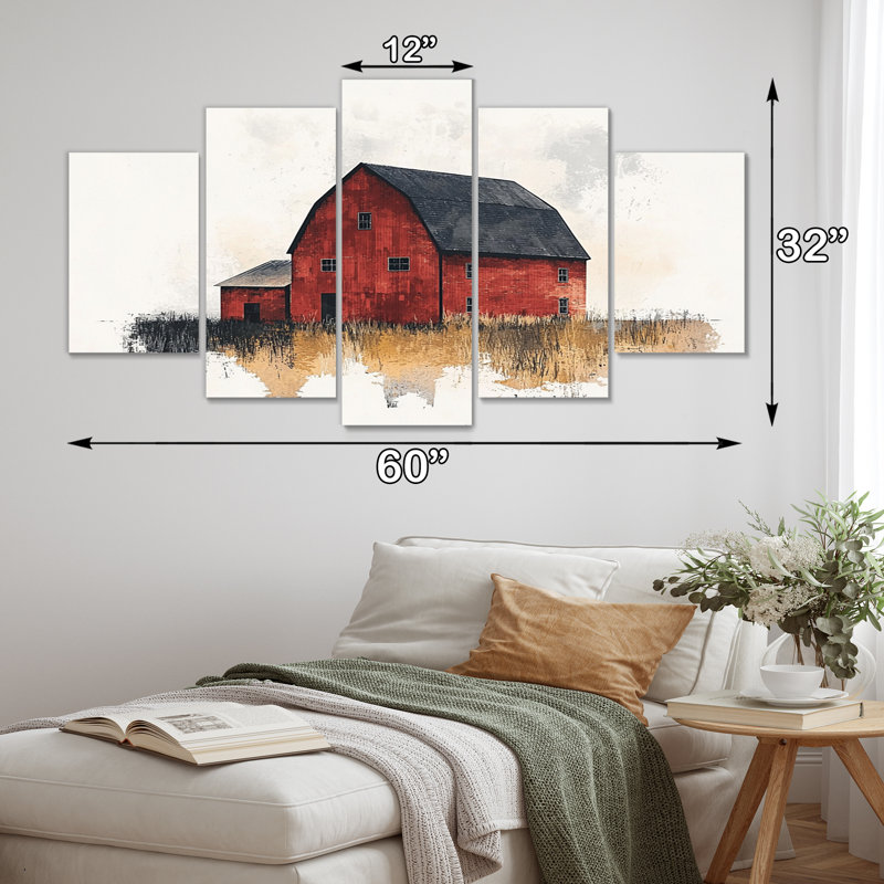 Paysage de grange rustique rouge et noir I - ensemble d'art mural de ferme