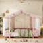 Lit plateforme à baldaquin double avec baldaquin en tissu transparent et guirlande lumineuse, rose
