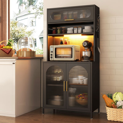 65" H Metal Pantry Cabinet With Magnetic Light Strip And Glass Doors