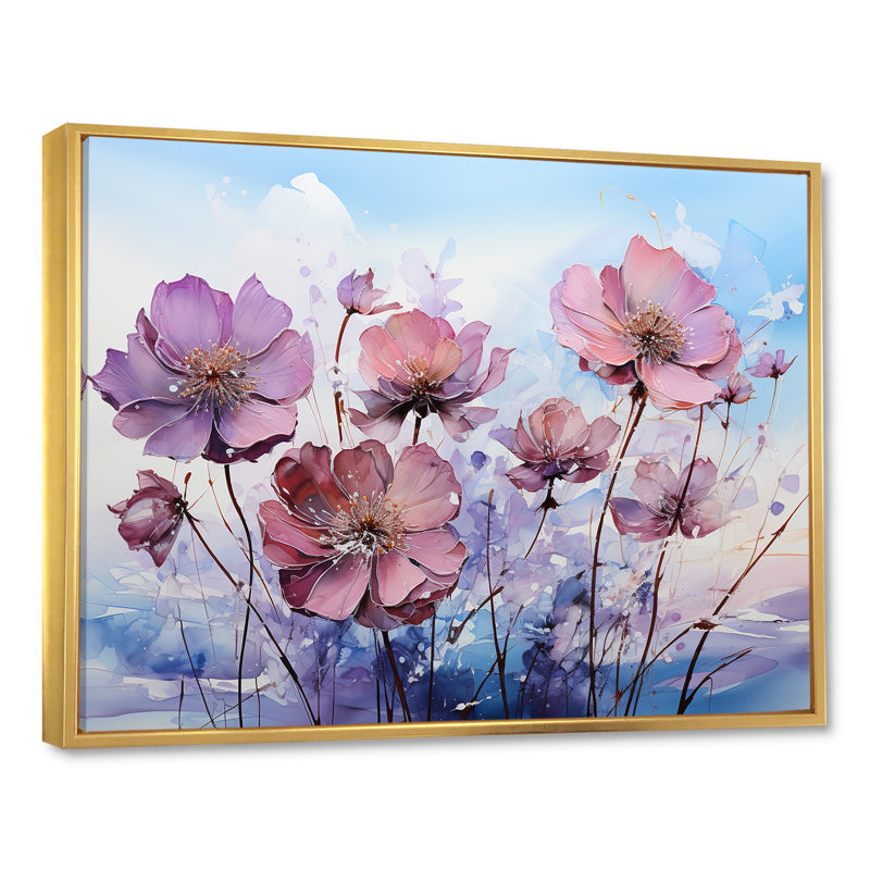 Collage moderne rose et mauve coquelicots, Cadre flottant doré, H 12 po x l 20 po x P 1 po