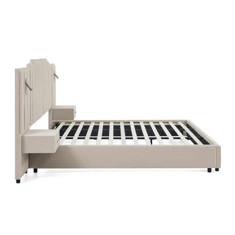 Lit plateforme tapissier en velours avec table de chevet intégrée Aurelius l 81 po x P 81 po x H 12 po