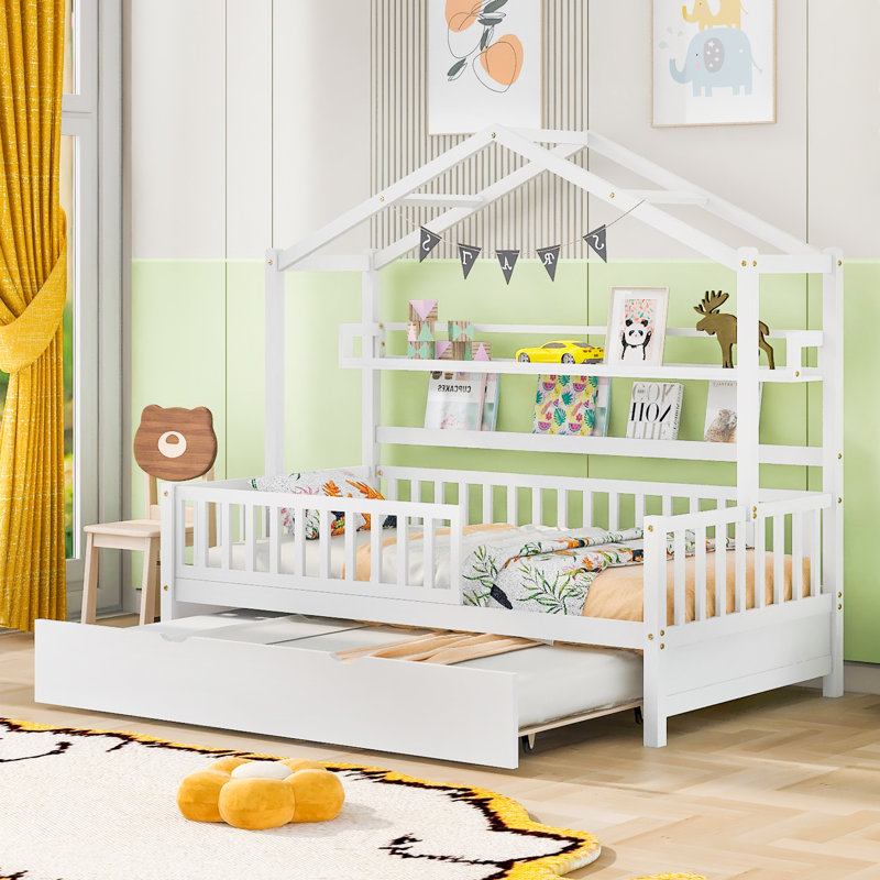 House Bed With Trundle And Shelf, Twin, White