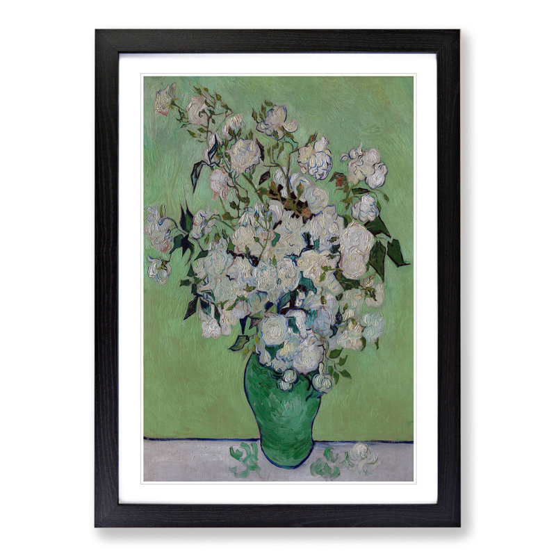 White Roses by Vincent Van Gogh - Picture Frame Painting, 65cm H x 48cm W x 2cm D, Black Framed