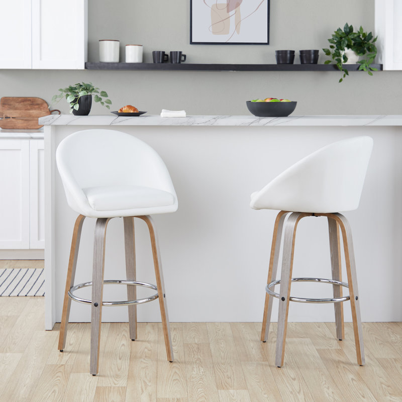 Matisse Highback Fixed-Height Counter Stool With Bent Wood Legs & Round Footrest - Set Of 2, Light Gray/Chrome, White
