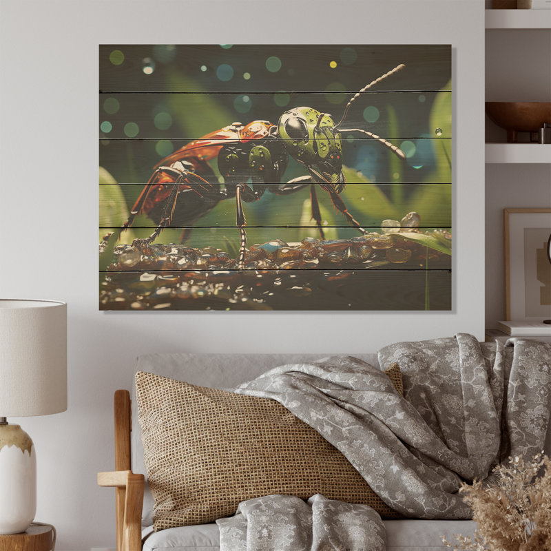 «Forest Guardian Green Ant I», art mural sur bois de pin naturel, H 30 po x l 40 po