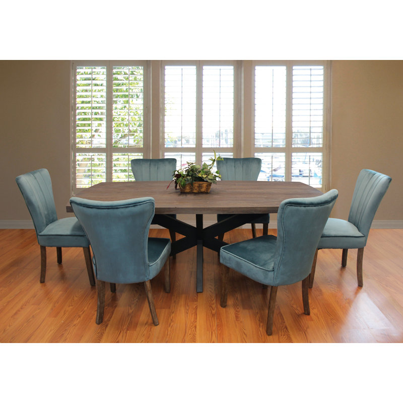 Aryhanna Solid Wood Top Trestle Dining Set, Brown, Blue, 7 Pieces: Table, 6 Chairs