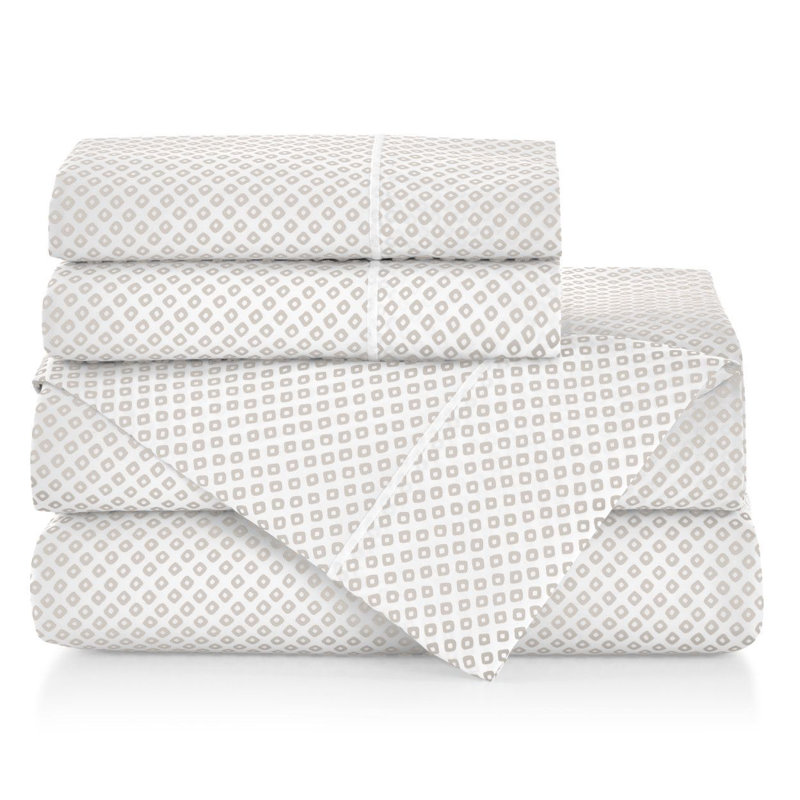 Emma 300 Thread Count Geometric 100% Cotton Sateen Sheet Set, Linen, Queen Sheet Set + 2 Pillowcases
