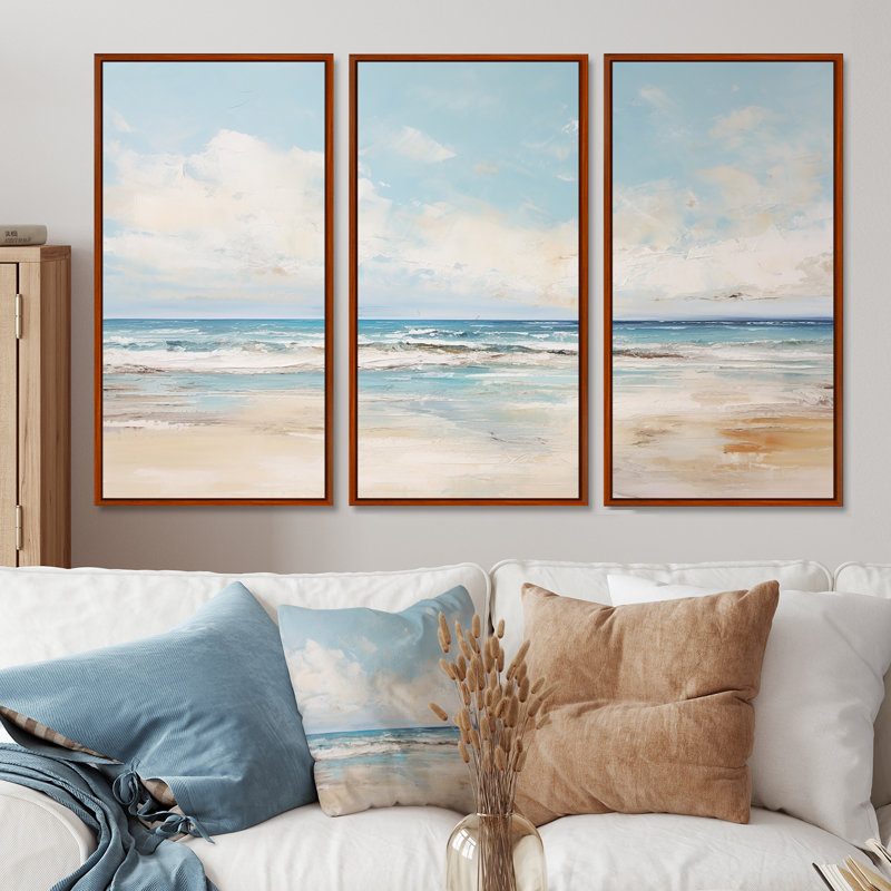 Beige And Blue Beach Minimal Horizon - Beach Wall Art Set, 28" H x 36" W x 1" D, Brown Floater Framed