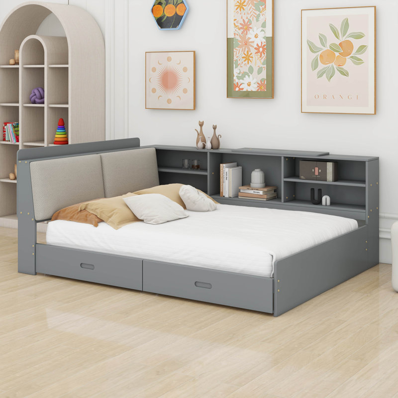 Lit de jour double avec rangement, base de lit en bois avec tête de lit bibliothèque et 2 tiroirs, Gris