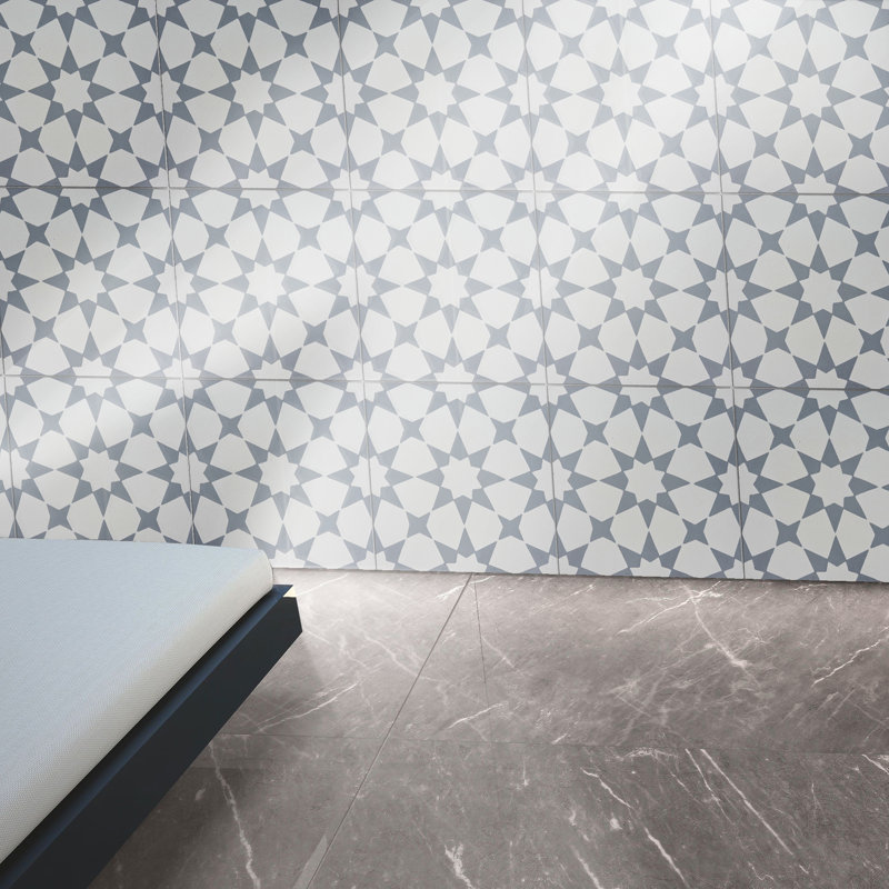 Medina 8" x 8" Cement Patterned Wall & Floor Tile, White/Gray