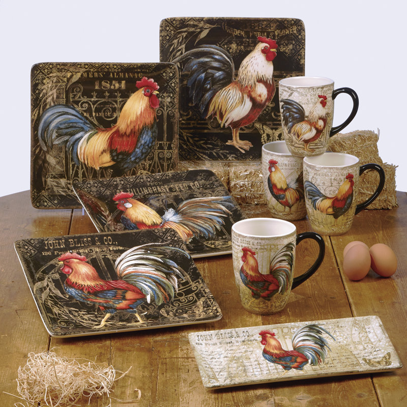 Gilded Rooster Multicolor Ceramic 16-Piece Dinnerware Set