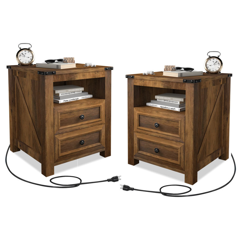Stand Table de chevet à 2 tiroirs avec 2 prises CA et 2 ports USB intégrés, Ensemble de 2, Brun