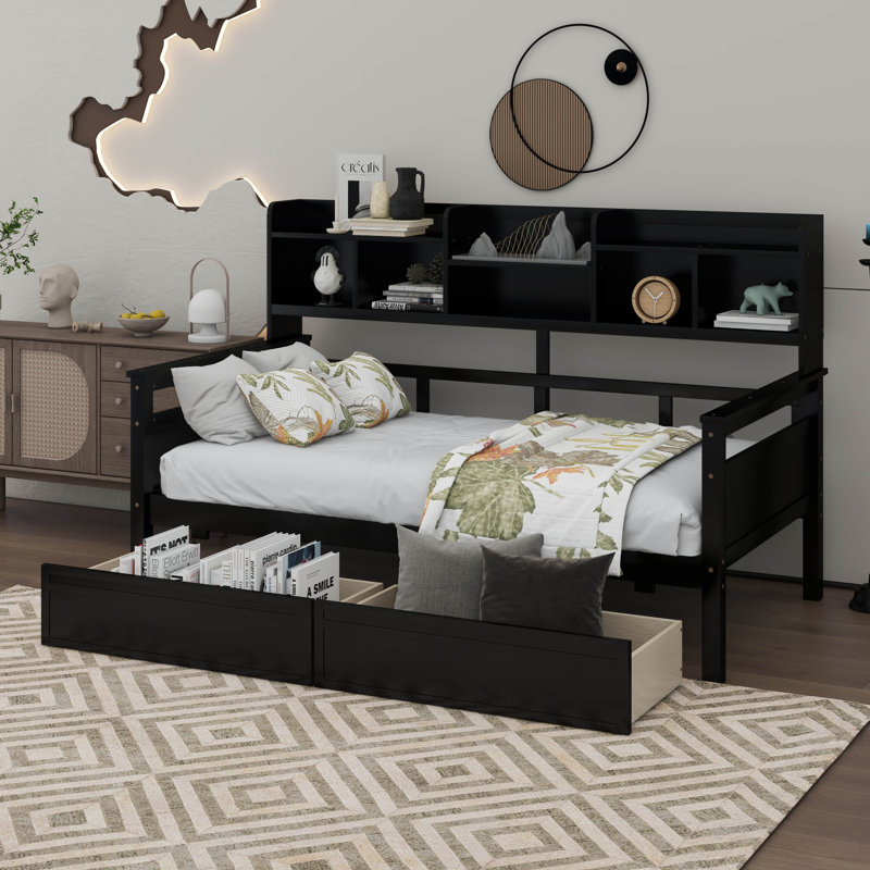 Daybed, Wood Slat Support, with Bedside Shelf and Two Drawers, Espresso, Twin