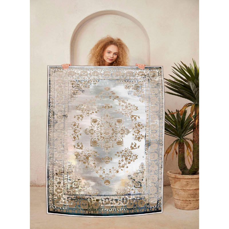 Elegant Cotton Area Rug (4.6 x 7.2 Feet), Cream, Grey & Camel | 100% Cotton, 1.4 lbs/sq ft | Pile Height: 0.4 in, Total Thickness: 0.3 in | Antibacterial, Non-Slip PVC Underside, Machine Washable, Soft & Stylish for Home Decor
