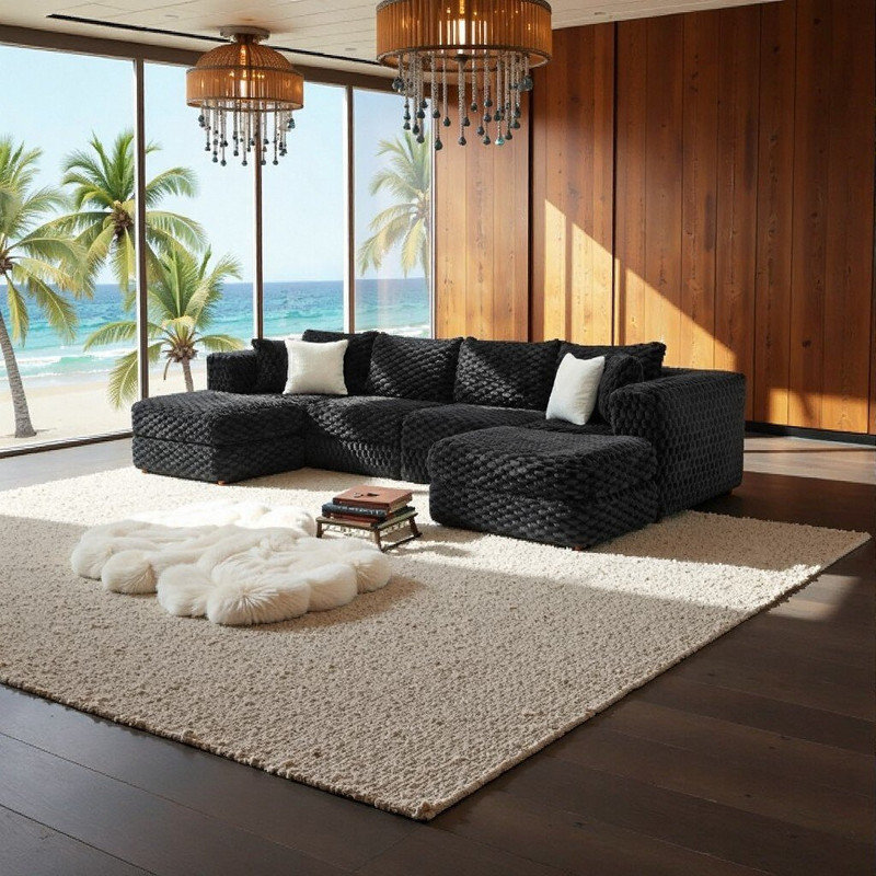 Canapé modulaire en forme de U avec repose-pieds 135,5 po, Noir