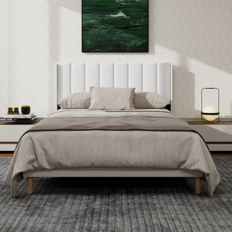 Structure de lit plateforme tapissier avec oreilles, Lit double, Blanc