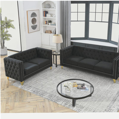 Canapé en velours pour le salon, canapé à accoudoirs carrés touffetés à boutons, canapé moderne avec boutons rembourrés et pieds en métal, canapé pour la chambre à coucher, velours beige, 2 pièces