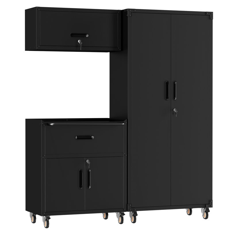 Ensemble de rangement pour garage en 3 pièces : armoires métalliques à roulettes, armoire murale, armoire à un tiroir sur roulettes, armoire à panneaux perforés haute et coffre à outils verrouillable.