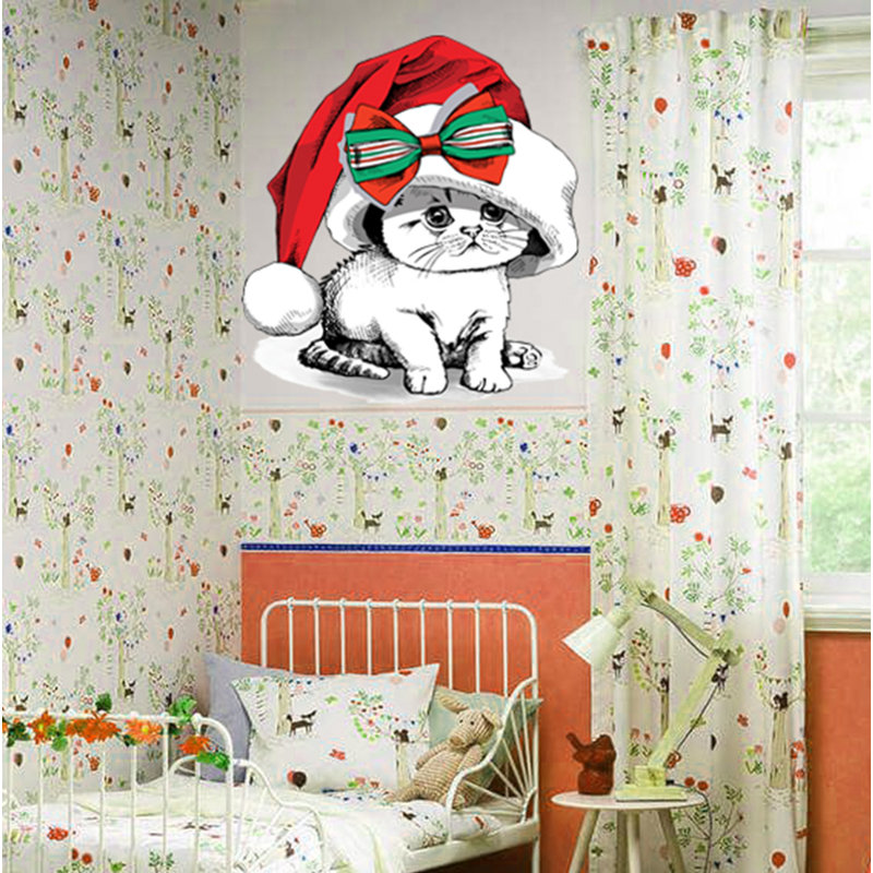 Décalcomanie murale père Noël chaton, H 10 po x l 10 po