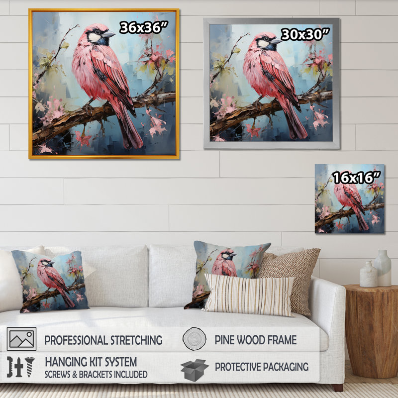«Blue and Pink Bird Floral Tree», art mural oiseau, H 16 po x l 16 po x P 1 po, Cadre flottant noir