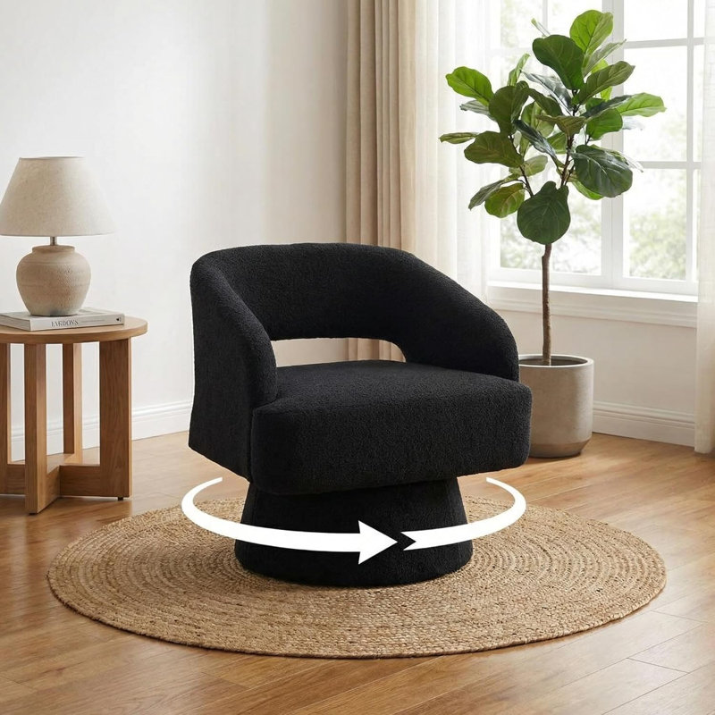 Modern Swivel Barrel Accent Chair, 360° Upholstered Armchair with Striped Backrest & Plush Padding, Black Polyester
