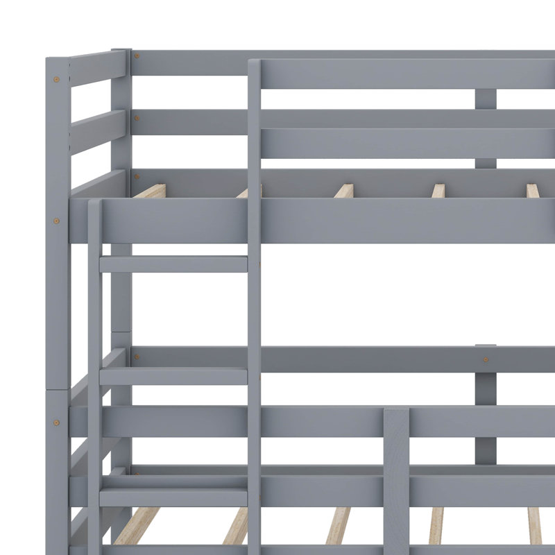 Twin Over Twin Over Twin Rubber Wood Triple Bunk Bed – Two Built-In Ladders, Guardrails & Detachable Design, Gray