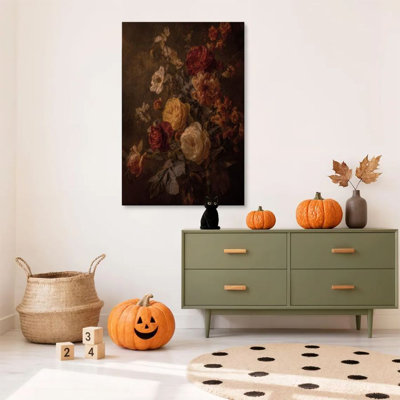 1 pièce, art mural, peinture sur toile, nature morte, roses rétro et fleurs automnales, impression de style réalisme baroque, affiche murale rétro, cadeau parfait pour une œuvre d'art moderne dans le salon de la chambre à coucher