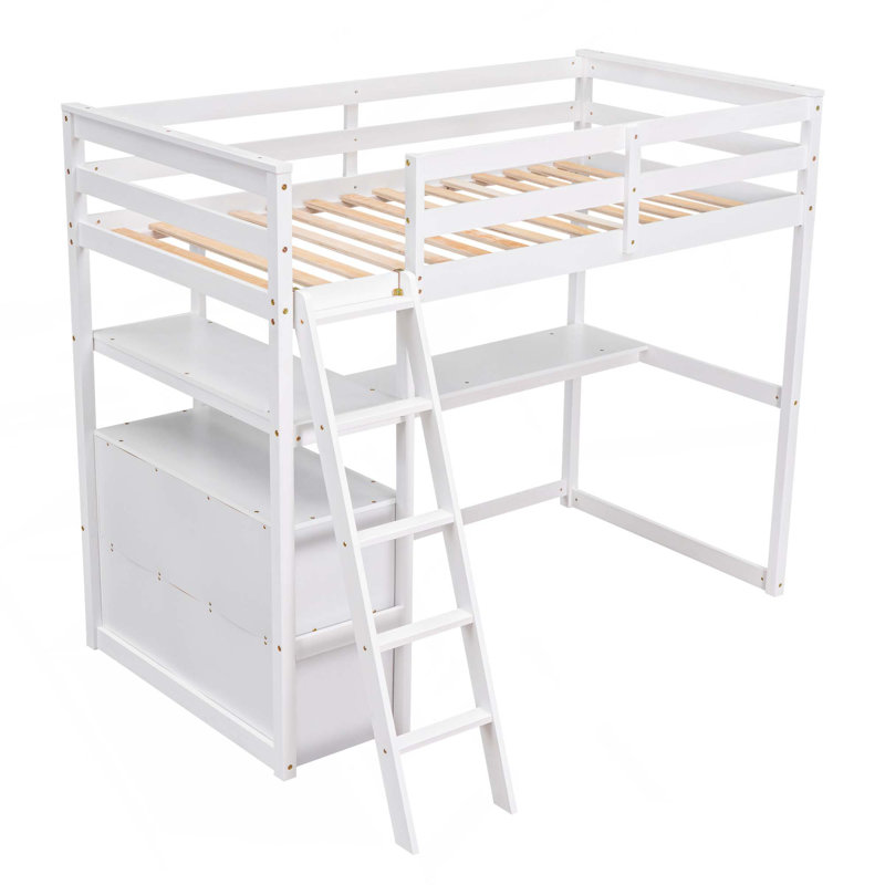 Lit mezzanine avec bureau et tablettes, 2 tiroirs intégrés, Blanc