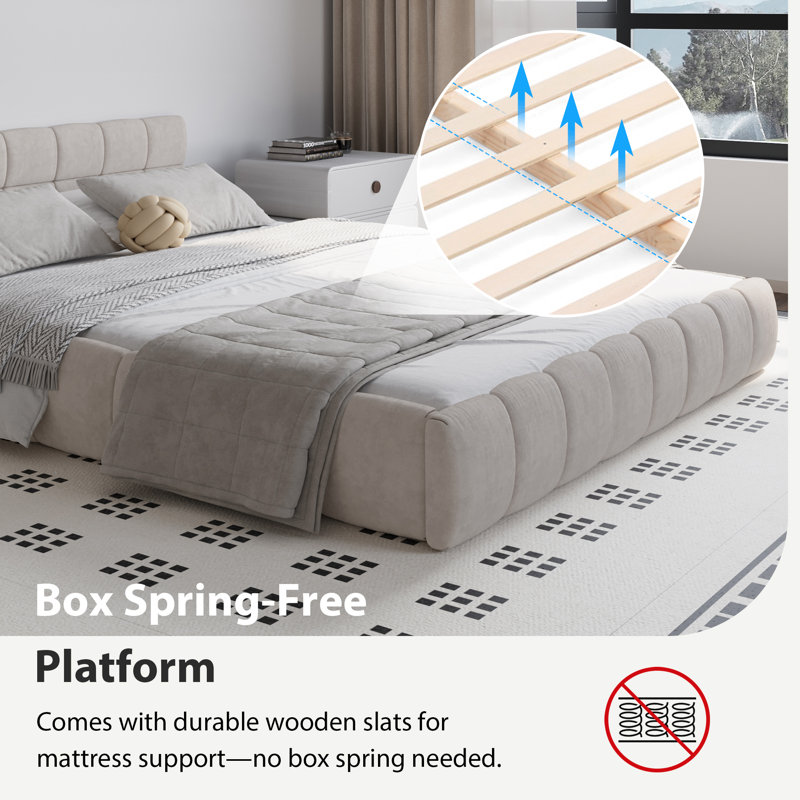 Chenille Upholstered Bed Frame With Headboard, Beige, Queen