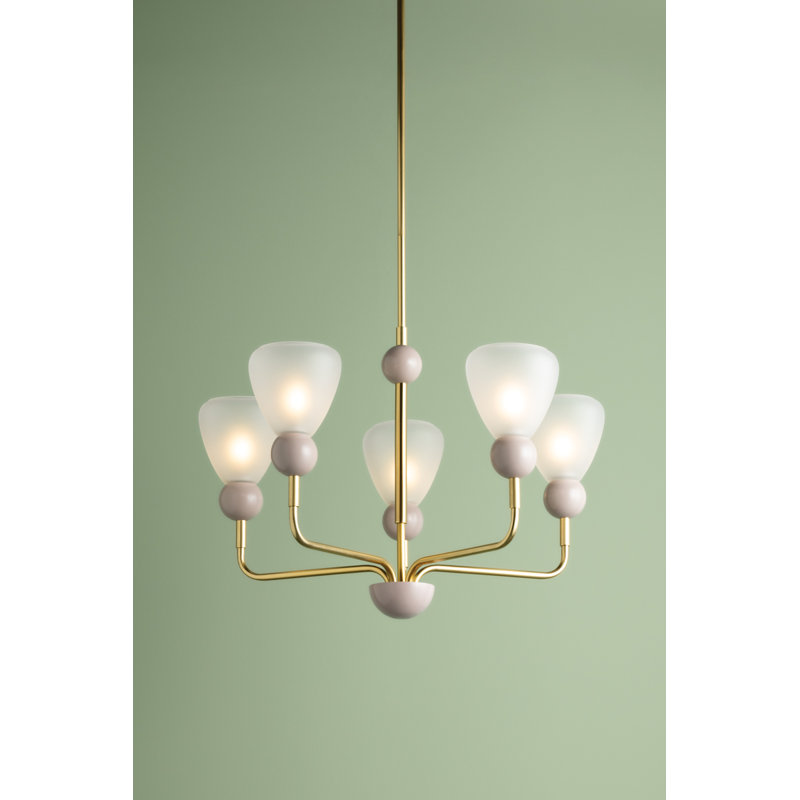 Aged Brass and Soft Peignoir 5-Light Chandelier with Etched Matte Glass