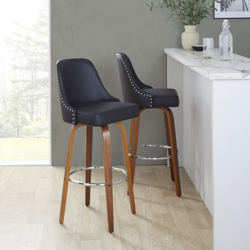 Studded Marcel 30" Fixed-Height Barstool With Bent Wood Legs & Round Footrest - Set Of  2, Walnut/Chrome