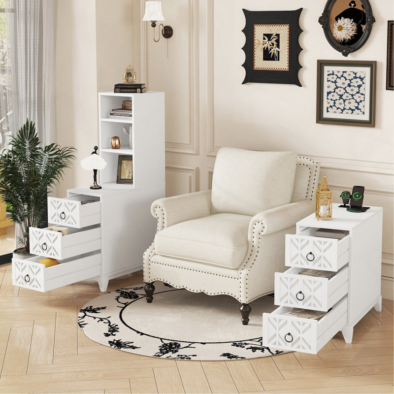 Table de bout avec 3 tiroirs, table de coin avec 2 tablettes ouvertes, table d'appoint haute pour chambre et coin, blanc