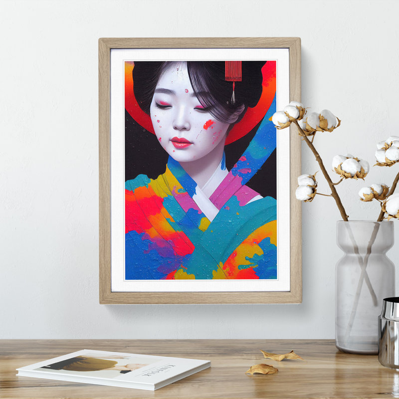 Paint Splashed Geisha No.1 - Framed Print, 46cm H x 34cm W x 2cm D, Oak Framed