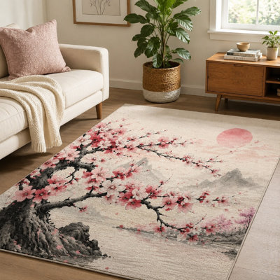 1 tapis artistique de paysage de cerisier en fleurs - style peinture à l'eau, tapis bas et moelleux, facile à nettoyer, grand fin, envers antidérapant, pour le salon, la chambre à coucher, la cuisine et le bureau