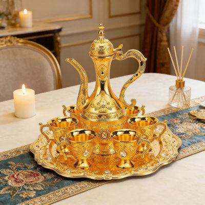 Vintage Turkish Tea And Coffee Service Set With Tray - 6 Cups And Pot For Home Decor, Entertaining, And Display